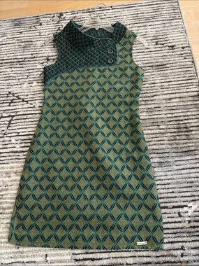 Vintage Geometric Jacquard Dress in Teal and Gold